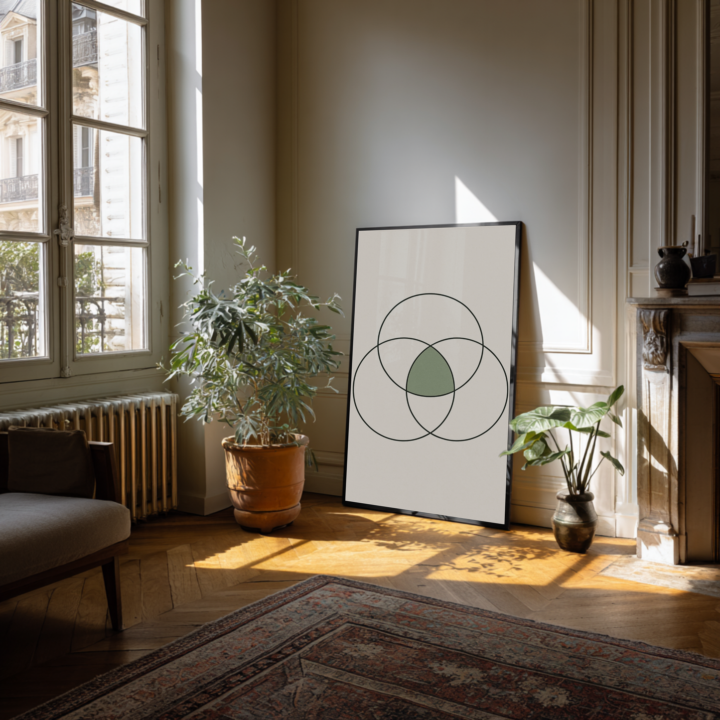 Geometric Intersecting Circles | Minimalist Modern Art Sage Green | Neutral Living Room Office Decor | Printable Wall Art