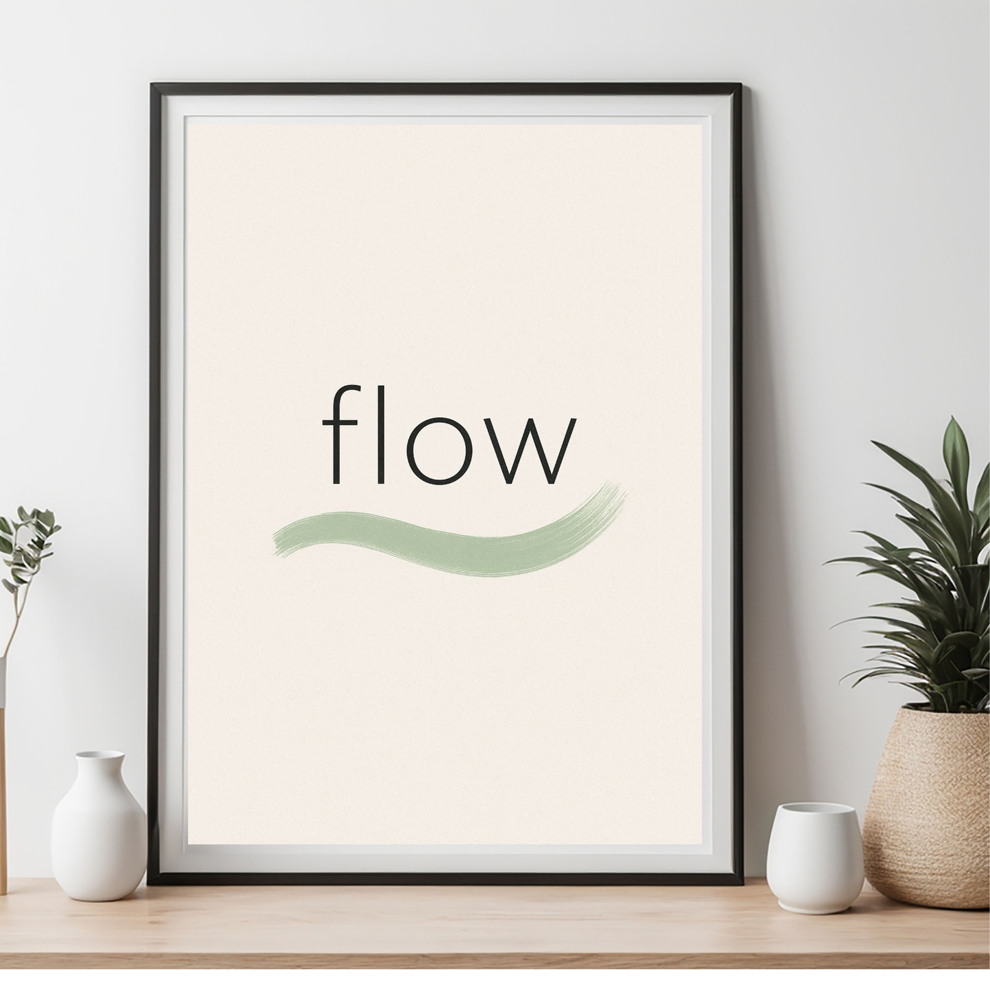 Flow Minimalist Typography Wave | Modern Sage Green Zen Art Print | Neutral Office & Bedroom Decor | Digital Download | Printable Wall Art